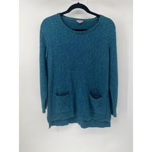 J. Jill Teal Green Marled Knit Sweater Front Pockets High Low Hem Women Medium